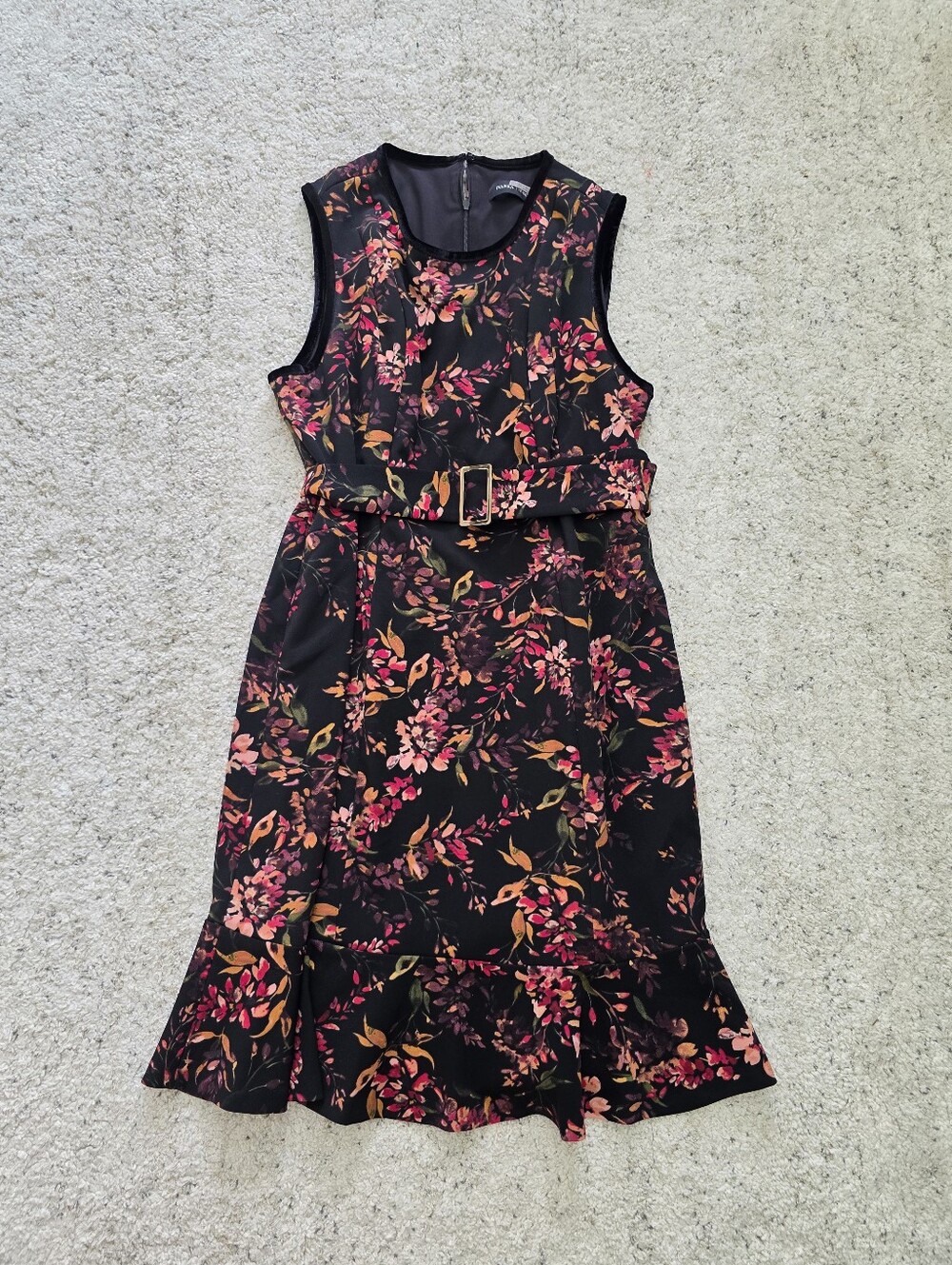 Ivanka Trump 16 Black Midi Dress with Pink & Orange Floral Print